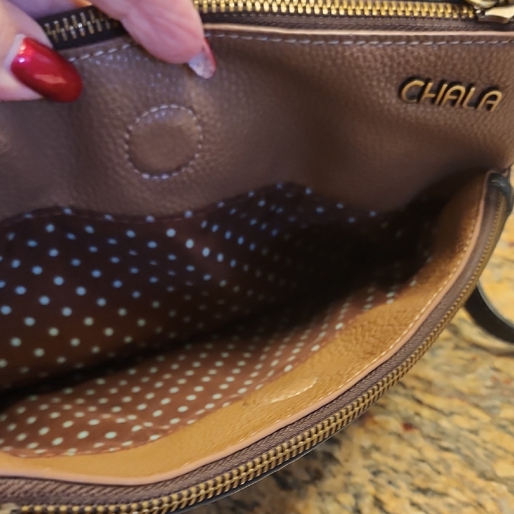 Chala Blue and Brown Crossbody Bag with Leaf and Dragonfly Accents - Picture 7 of 13